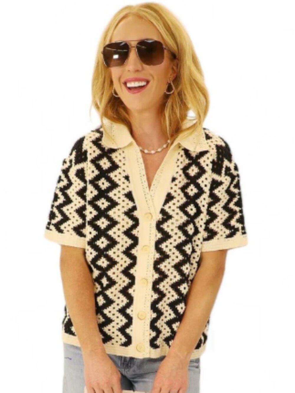 Rain + Rose Crochet Button Up Top – Black & Cream – Size Small – Textured Knit - Picture 2 of 12